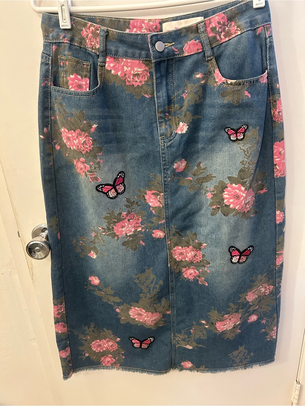Flower Child Women's Blue Floral Butterfly Denim Cotton Midi Skirt Pockets L